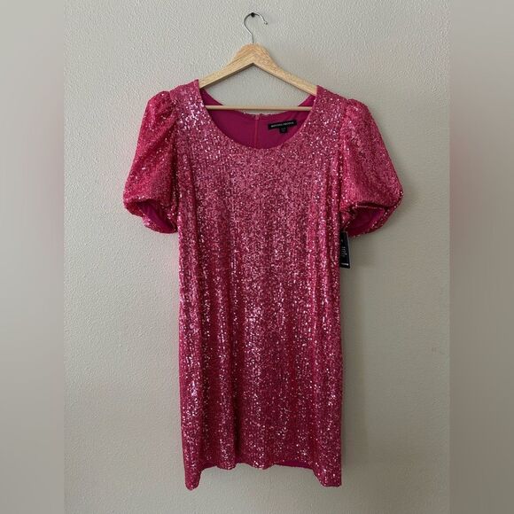 Boston Proper Sparkling Pink Sequin Short Sleeve Mini Dress Size 14 - Picture 1 of 9